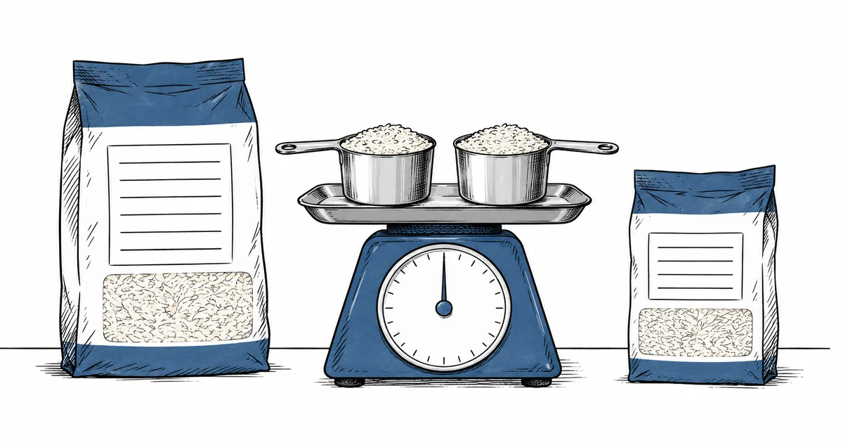 Different food packages beside equal measuring cups.