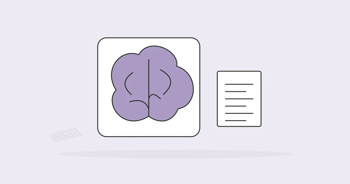 A brain outline inside an imaging frame beside research papers.